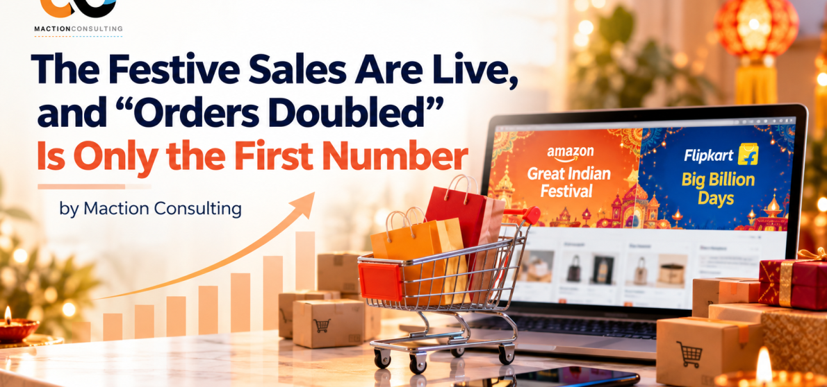 Laptop showing Amazon Great Indian Festival and Flipkart Big Billion Days banners beside a shopping cart and a rising bar chart