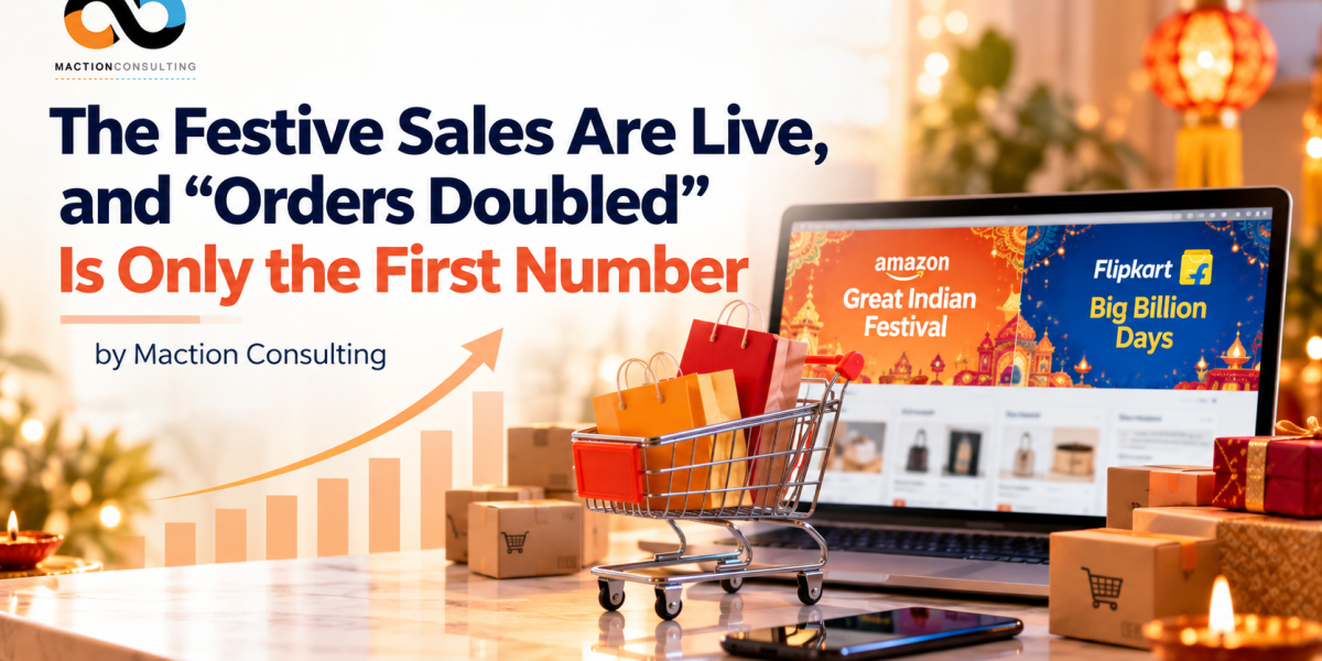 Laptop showing Amazon Great Indian Festival and Flipkart Big Billion Days banners beside a shopping cart and a rising bar chart
