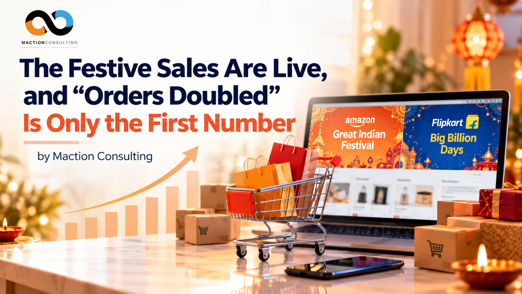 Laptop showing Amazon Great Indian Festival and Flipkart Big Billion Days banners beside a shopping cart and a rising bar chart