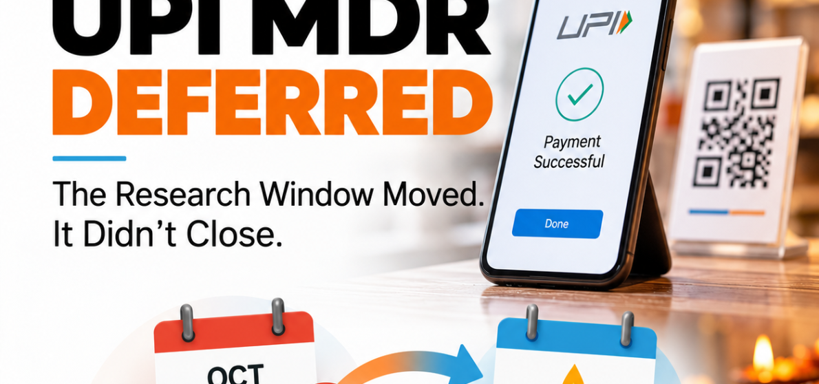 NPCI deferral of the UPI MDR until after Diwali 2026, with the research baseline window shown on a timeline.
