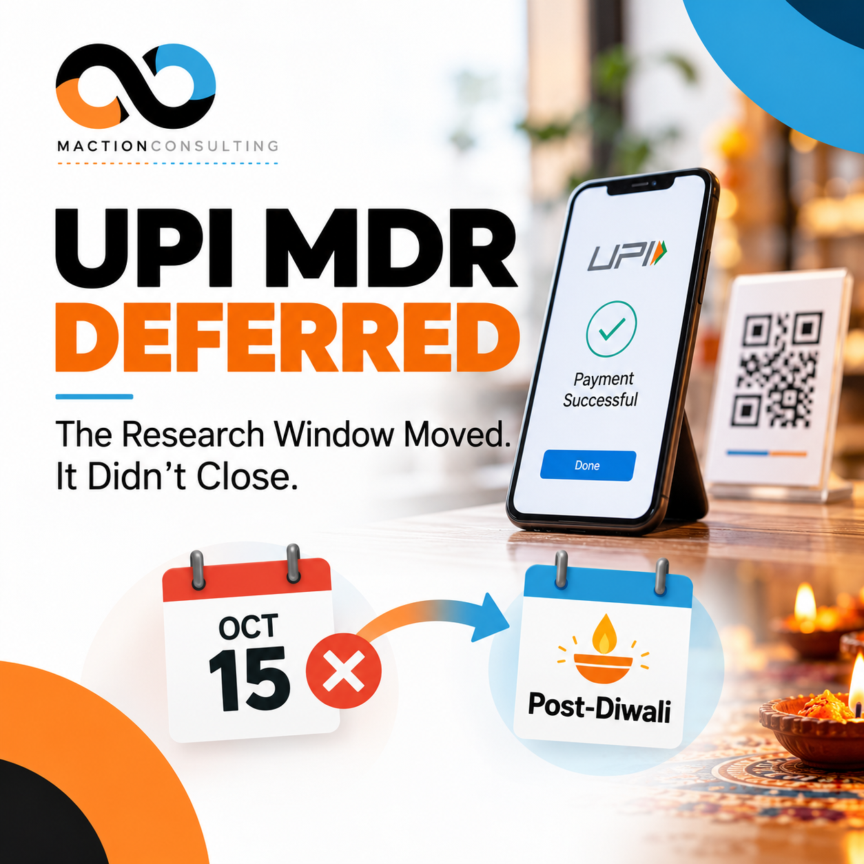 NPCI deferral of the UPI MDR until after Diwali 2026, with the research baseline window shown on a timeline.